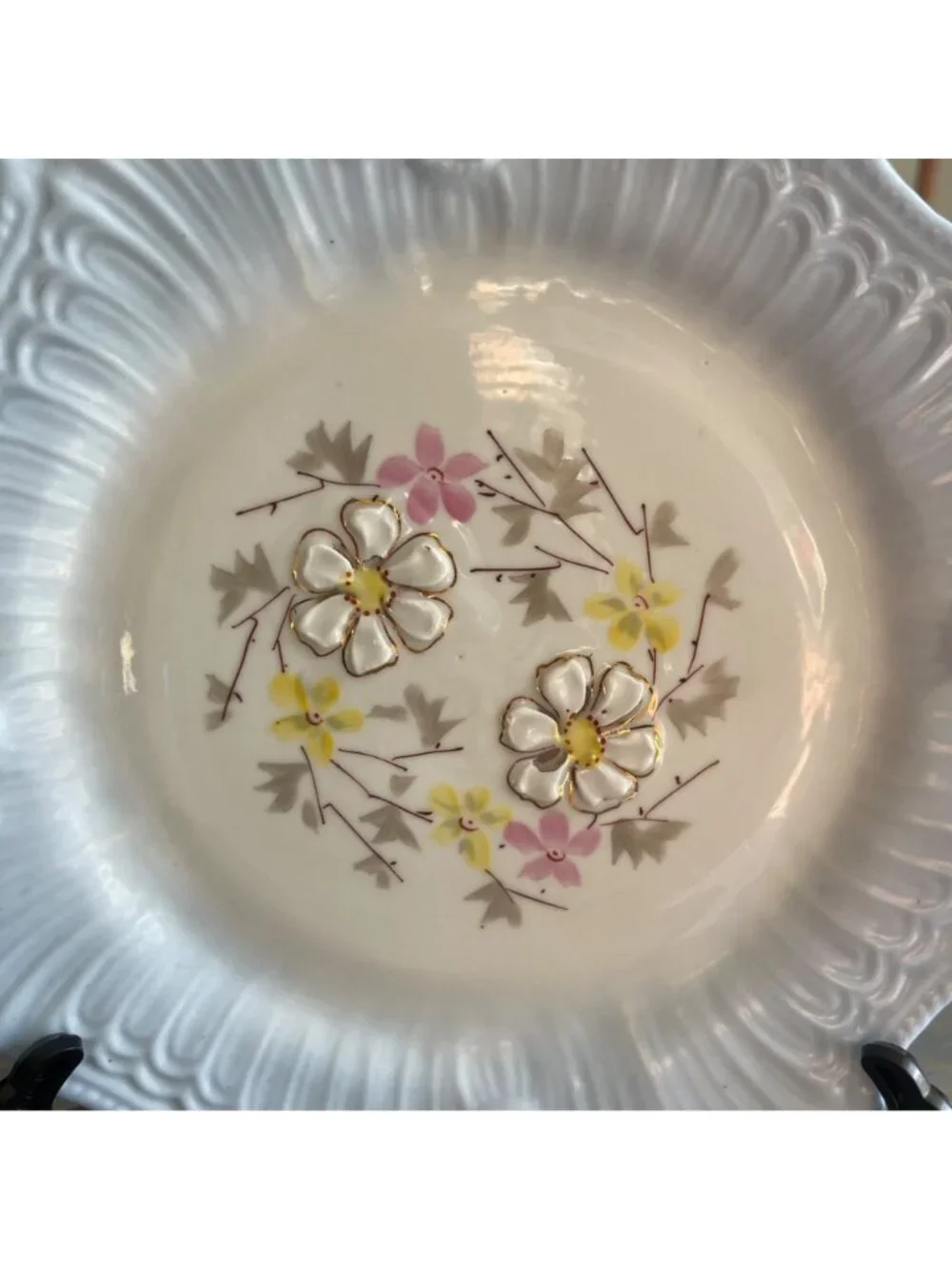 Vintage Decorative Porcelain Plate Blue Floral Center Scalloped Molded Edges